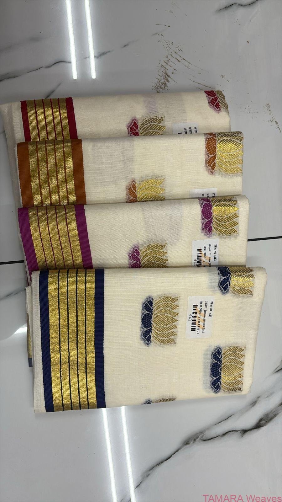 Tamara Handloom look Lotus Saree - Pink & Gold Lotus motifs all over saree in Kerala Cotton in Australia - Image 4