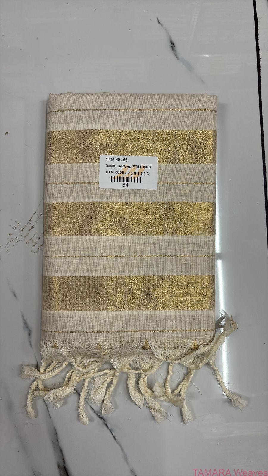 Tamara Kerala Cotton Saree – Gold thin and thick stripes all over in Australia