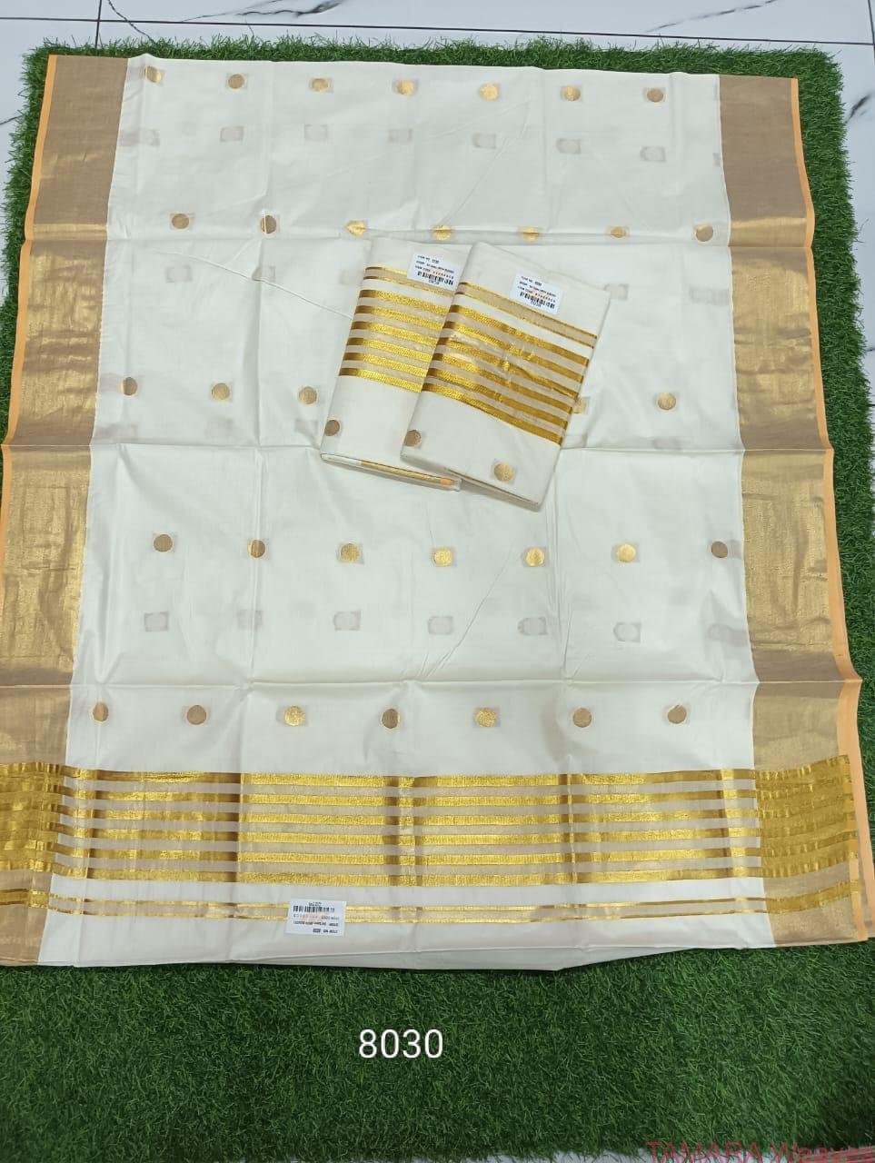 POTTU Tamara Handloom look gold polka dot Kerala cotton set saree Premium quality Powerloom - Image 3