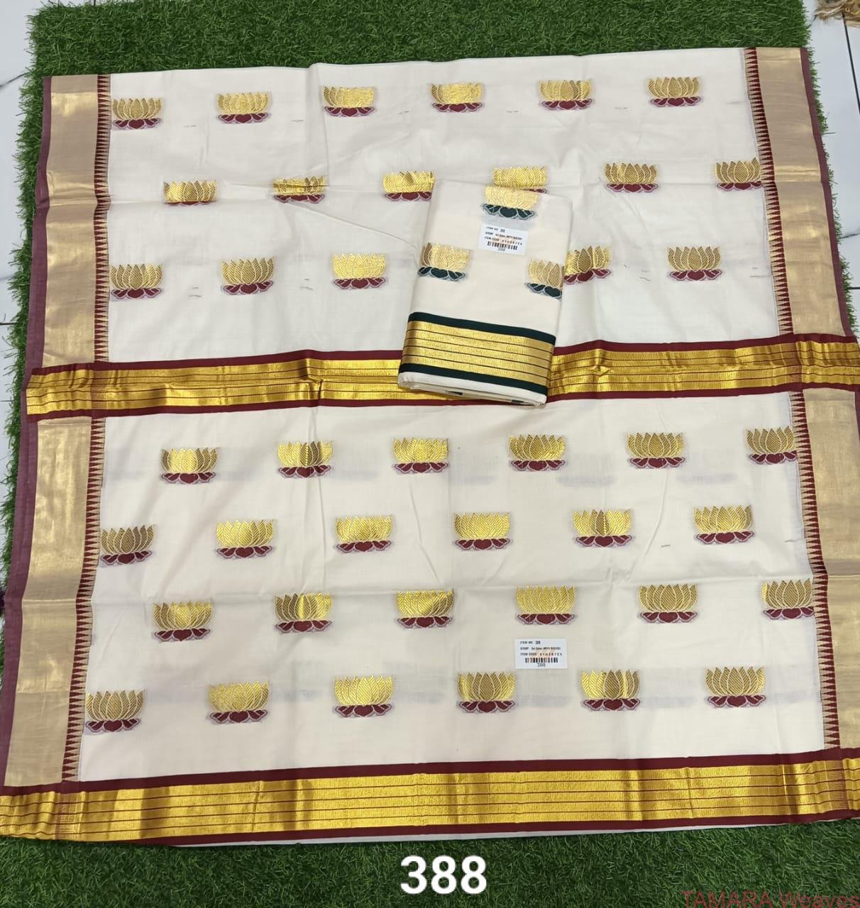 Tamara Handloom look Lotus Saree - Maroon & Gold Lotus motifs all over saree in Kerala Cotton in Australia - Image 2
