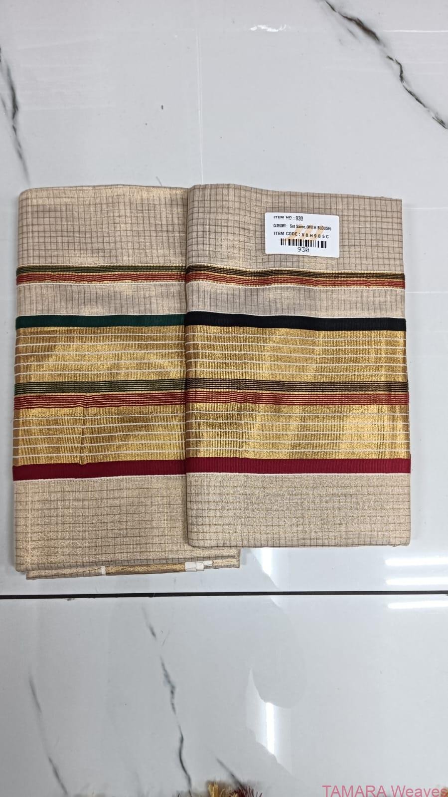 TISCHECK Tamara Handloom look Tissue checked dot Kerala cotton set saree in Maroon and green - Premium quality Powerloom - Image 2