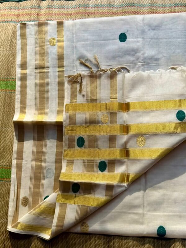 Tamara presents Premium Kerala handloom polka dot saree with dark green and Gold in Australia