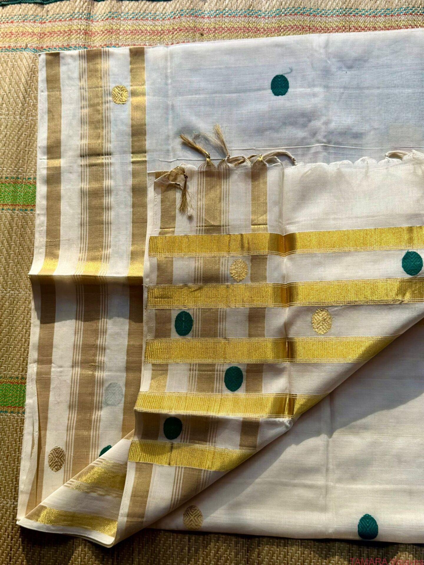 Tamara presents Premium Kerala handloom polka dot saree with dark green and Gold in Australia