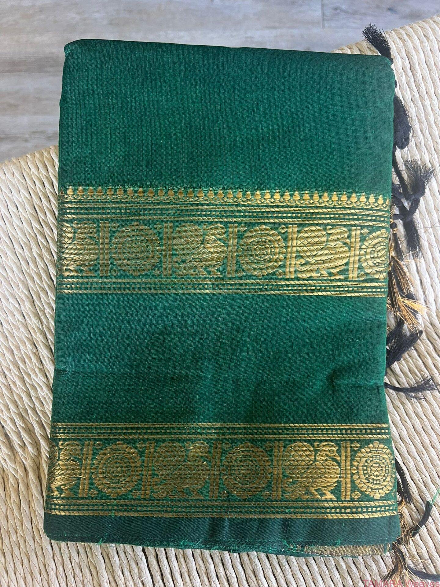 Bottle Green Kanchi Cotton Saree- with Gap border in gold in Australia