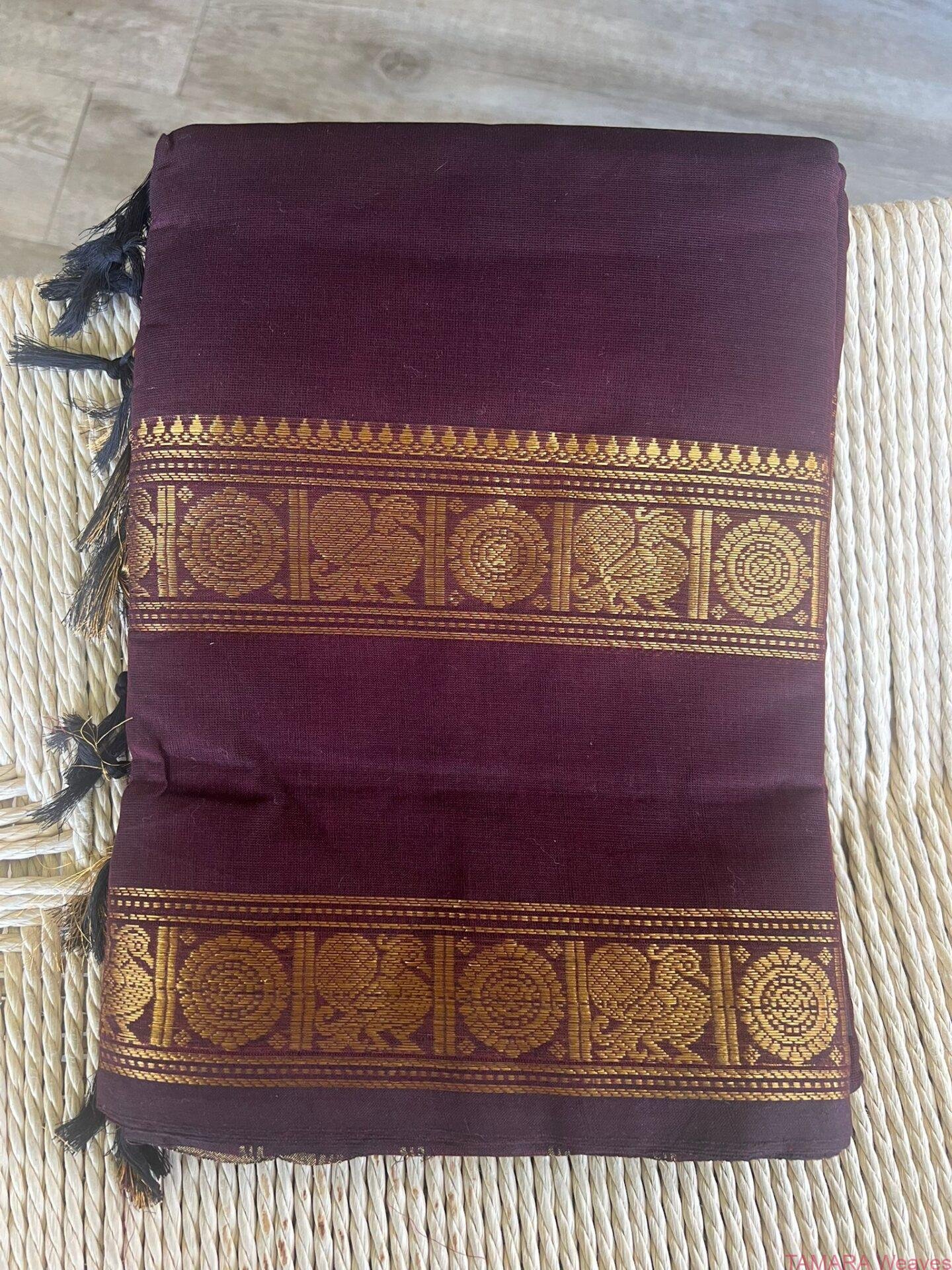 Coffee Brown Kanchi Cotton Saree- with Gap border in gold in Australia