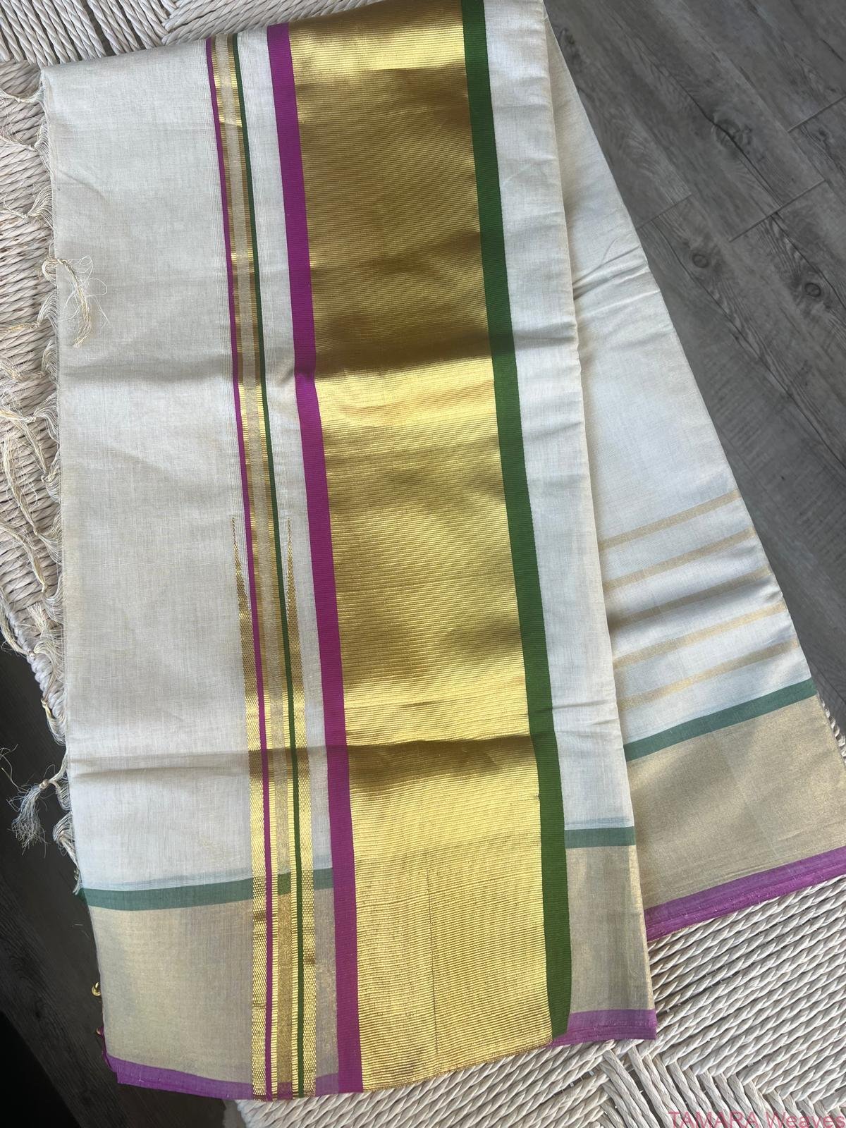 Tamara presents pure Kerala handloom kasavu saree with Pink and Green in Australia