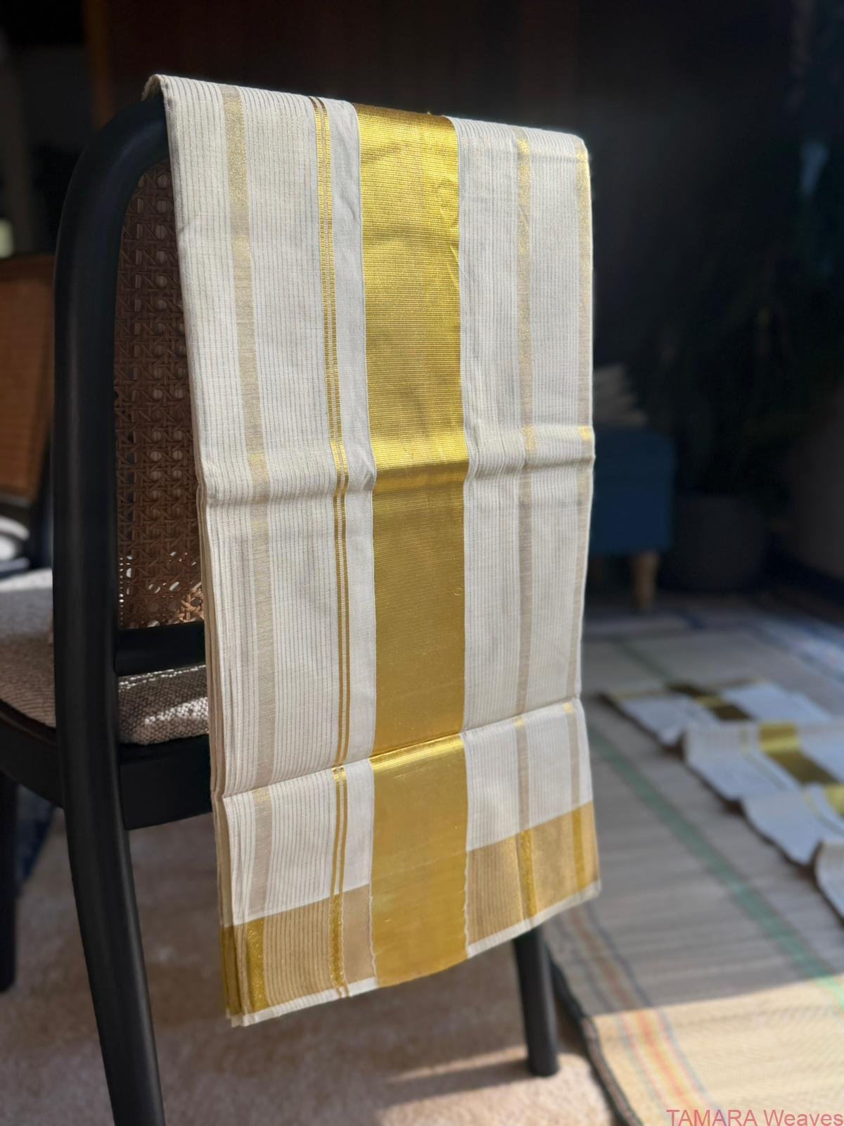 GAPSTRIPE Tamara Kerala Kasavu Cotton Saree – Gap Gold Zari Stripes in Australia - Image 2