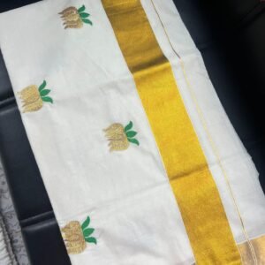 Budget Tamara Saree - Green & Gold Lotus motifs threadwork all over saree in Kerala Cotton in Australia