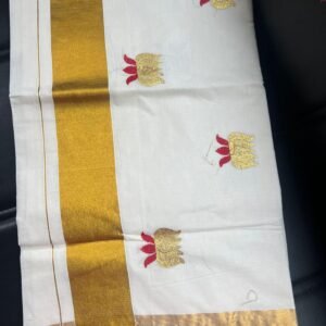 Budget Tamara Saree - Red & Gold Lotus motifs threadwork all over saree in Kerala Cotton in Australia