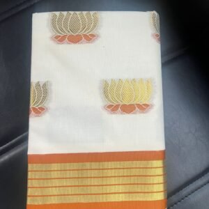 Tamara Handloom look Lotus Saree - Rust Orange & Gold Lotus motifs threadwork all over saree in Kerala Cotton in Australia
