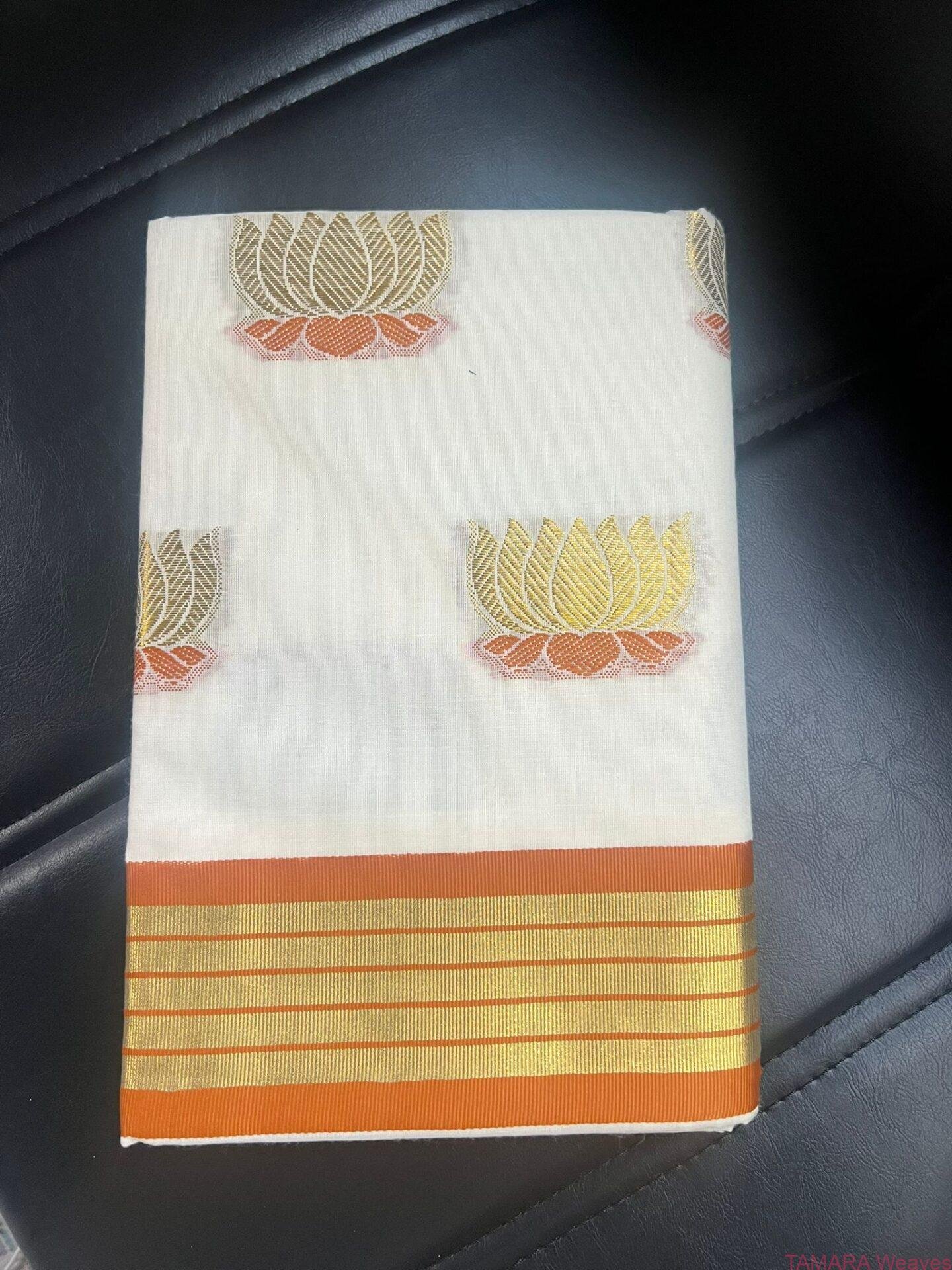 Tamara Handloom look Lotus Saree - Rust Orange & Gold Lotus motifs threadwork all over saree in Kerala Cotton in Australia