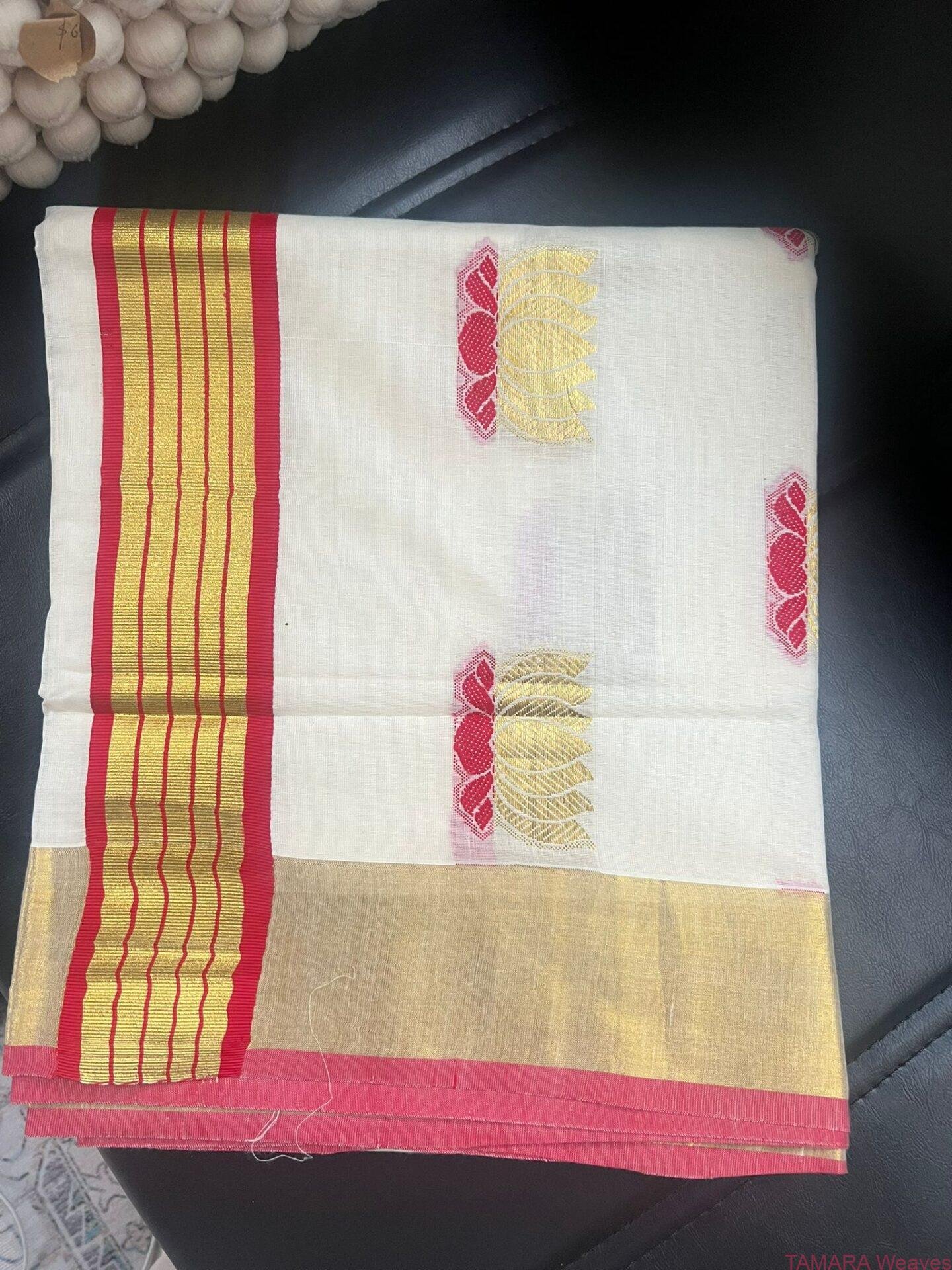 Tamara Handloom look Lotus Saree - Maroon & Gold Lotus motifs all over saree in Kerala Cotton in Australia - Image 4