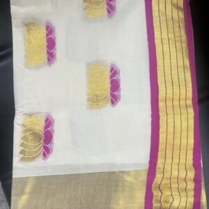 Tamara Handloom look Lotus Saree - Pink & Gold Lotus motifs all over saree in Kerala Cotton in Australia