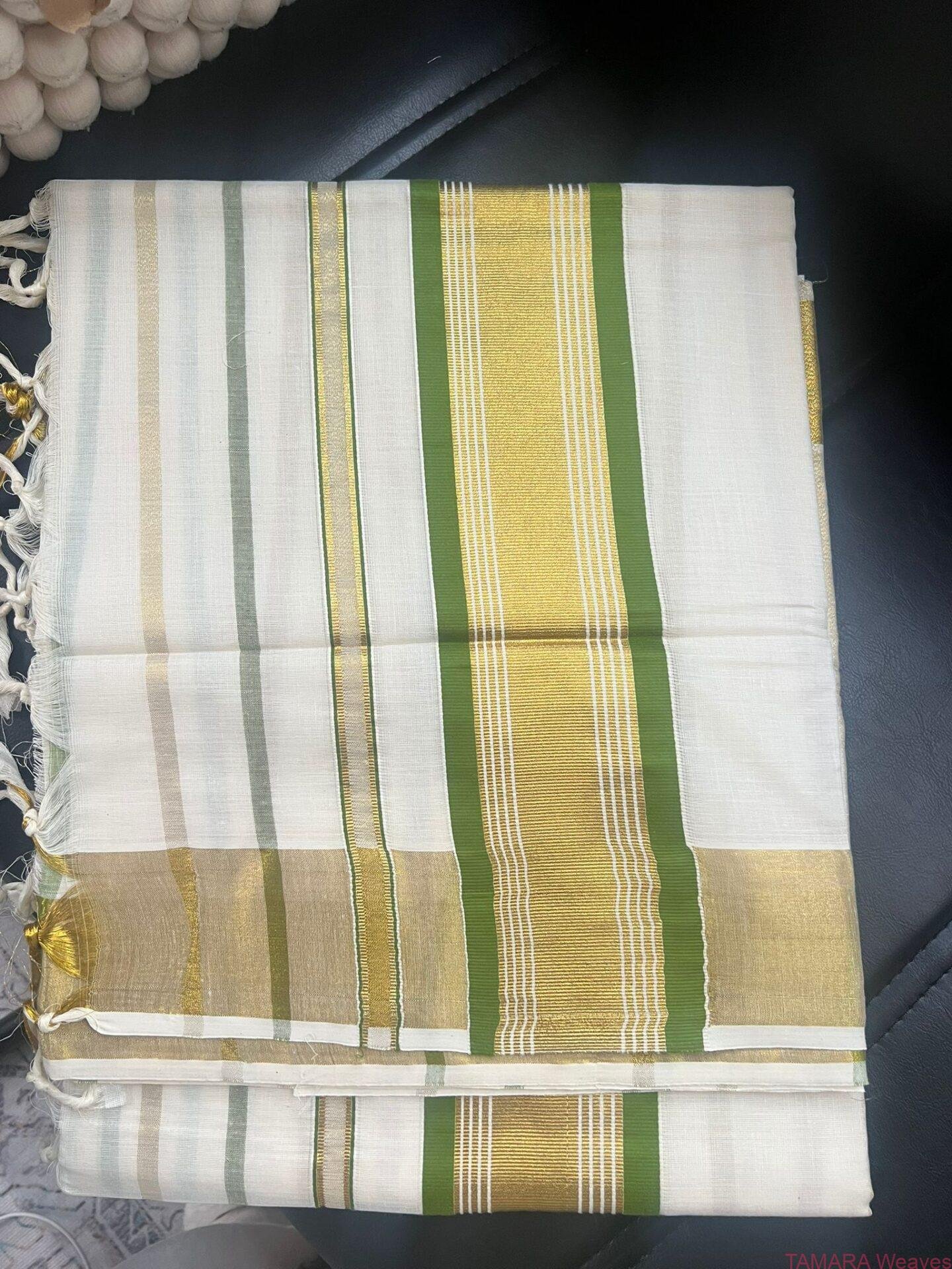 2026STRIPE Tamara Kerala Kasavu Cotton Saree – Olive and Gold Stripes Stripes all over in Australia - Image 3