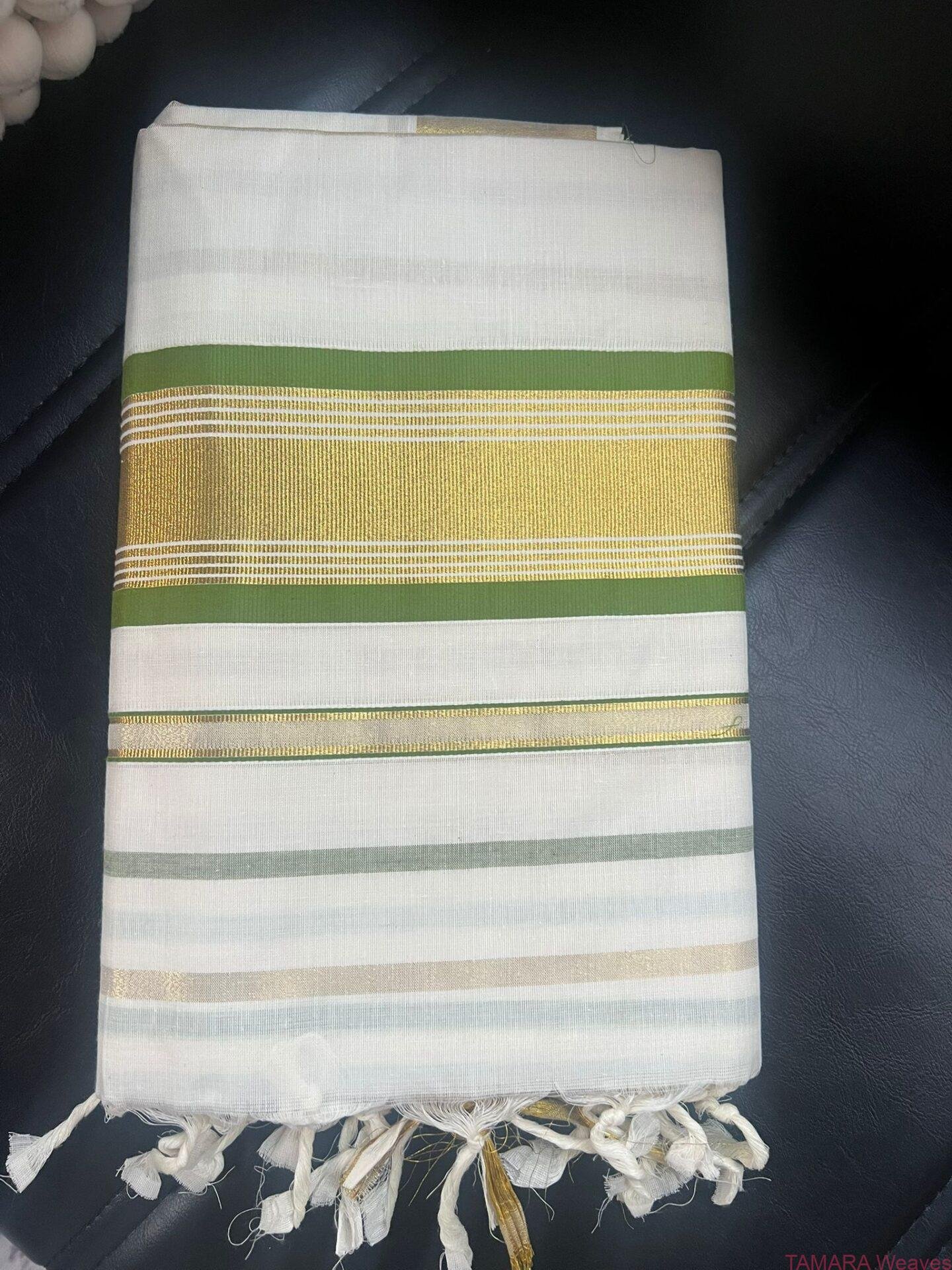 2026STRIPE Tamara Kerala Kasavu Cotton Saree – Olive and Gold Stripes Stripes all over in Australia - Image 4
