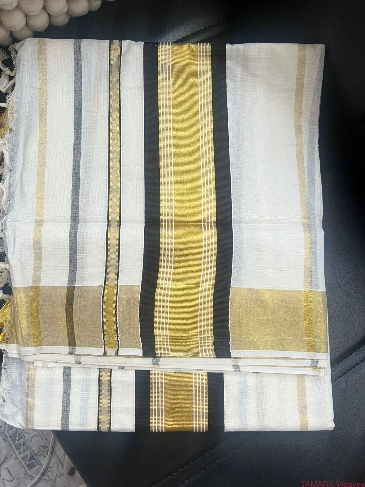 Tamara Kerala Kasavu Cotton Saree – Black and Gold Stripes Stripes all over in Australia - Image 2