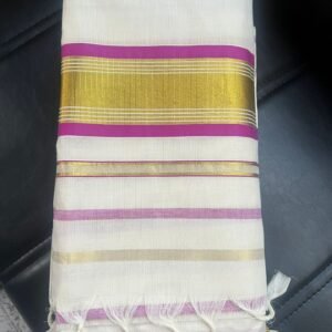Tamara Kerala Kasavu Cotton Saree – Pink and Gold Stripes Stripes all over in Australia