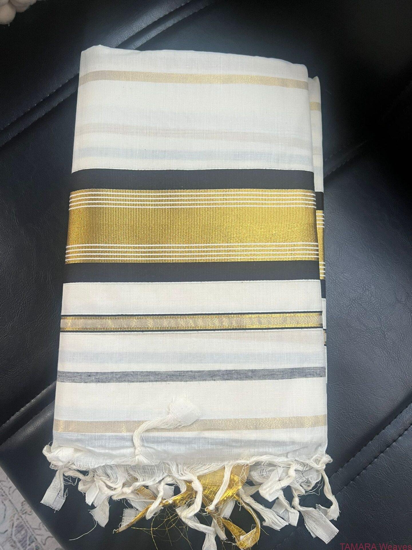 Tamara Kerala Kasavu Cotton Saree – Black and Gold Stripes Stripes all over in Australia
