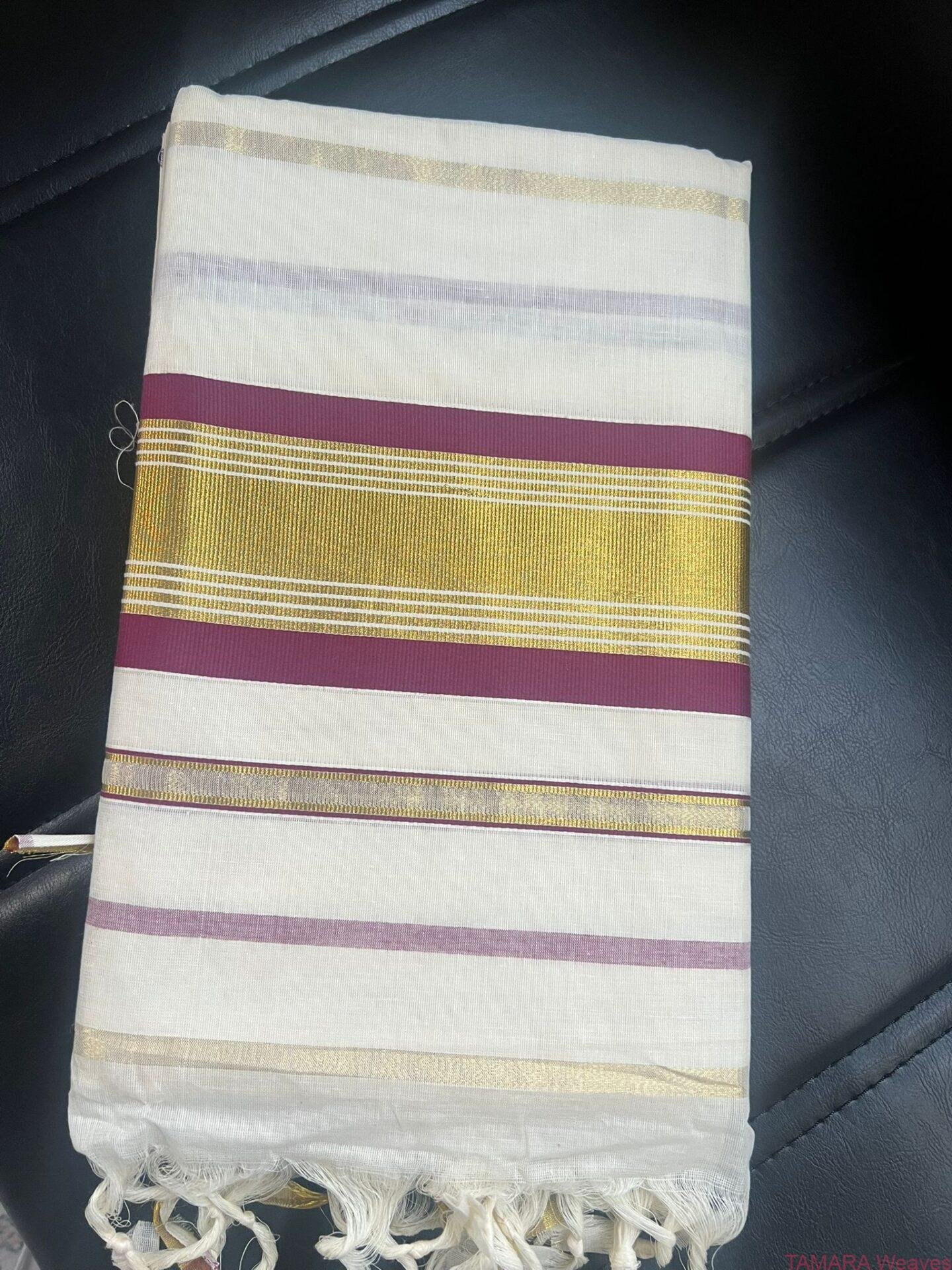 Tamara Kerala Kasavu Cotton Saree – Wine and Gold Stripes Stripes all over in Australia