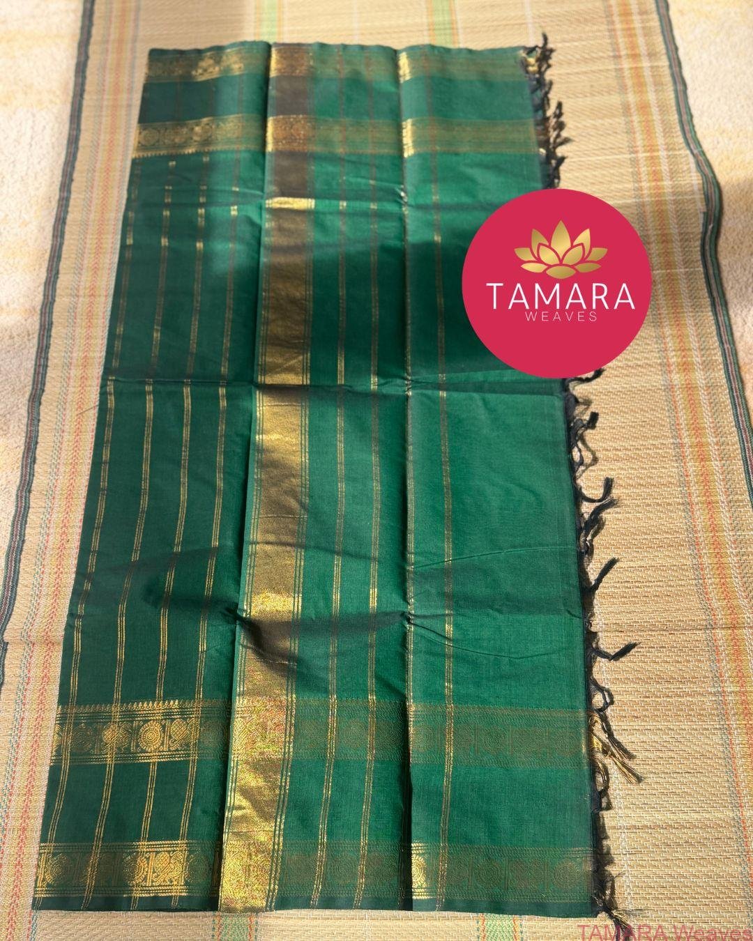Bottle Green kanchi cotton saree with traditional border in Australia - Image 4