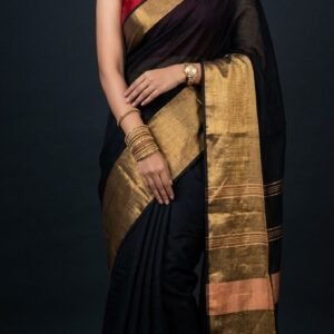 LINEN SAREE in Australia- Wide zari border - BLACK