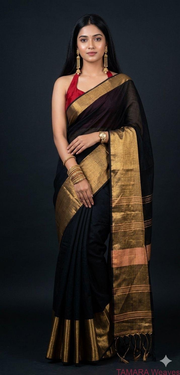 LINEN SAREE in Australia- Wide zari border - BLACK