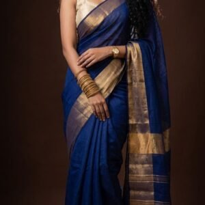 LINEN SAREE in Australia- Wide zari border - DARK BLUE