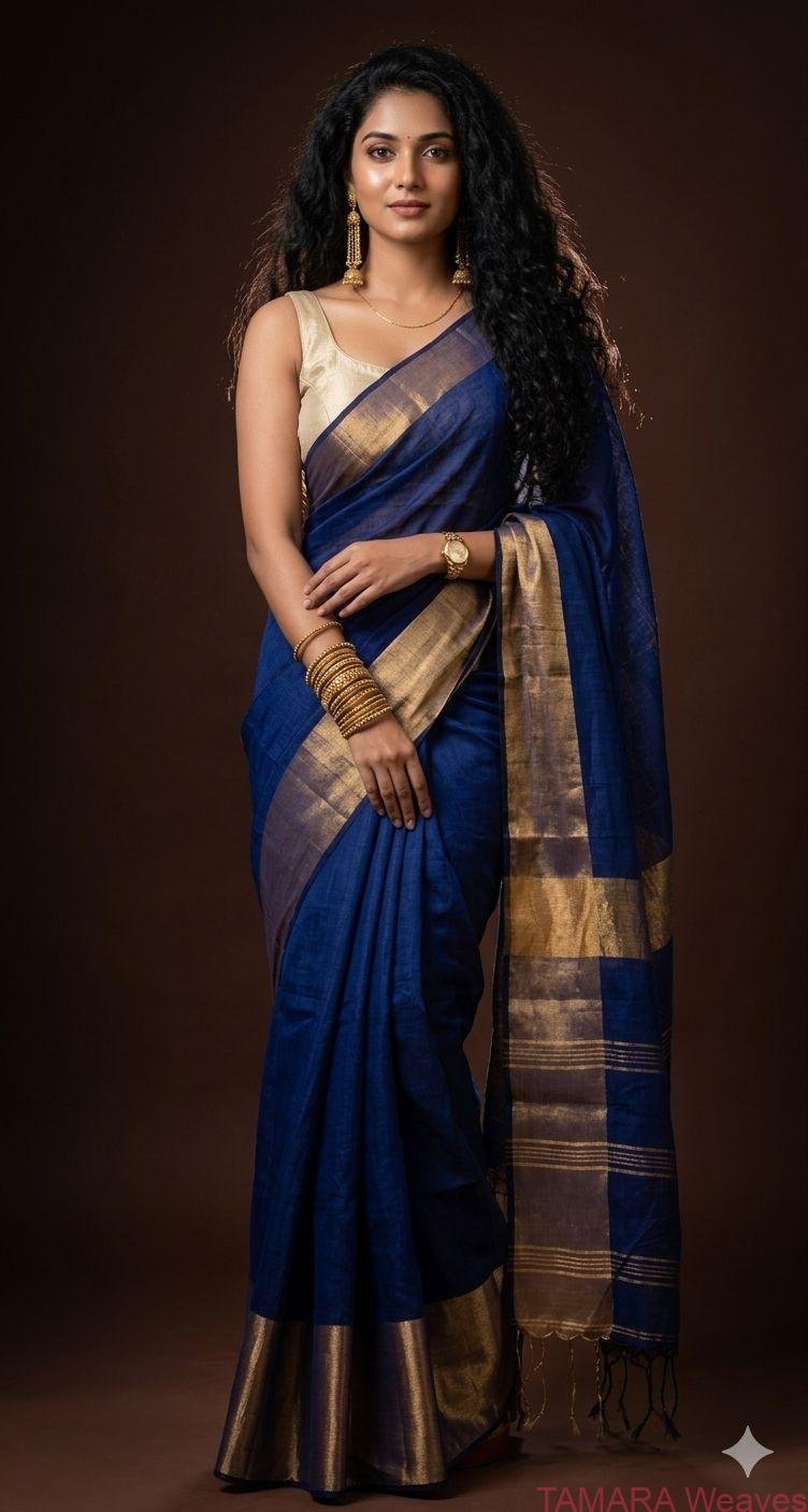 LINEN SAREE in Australia- Wide zari border - DARK BLUE