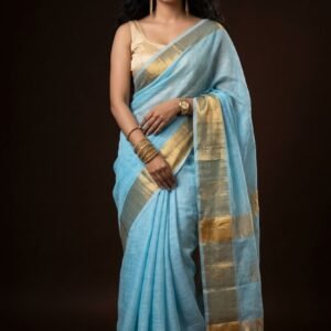 LINEN SAREE in Australia- Wide zari border - LIGHT BLUE