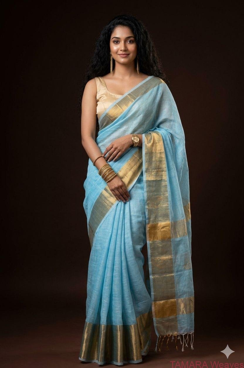 LINEN SAREE in Australia- Wide zari border - LIGHT BLUE