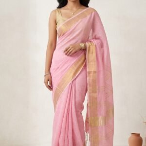 LINEN SAREE in Australia- Wide zari border - LIGHT PASTEL PINK