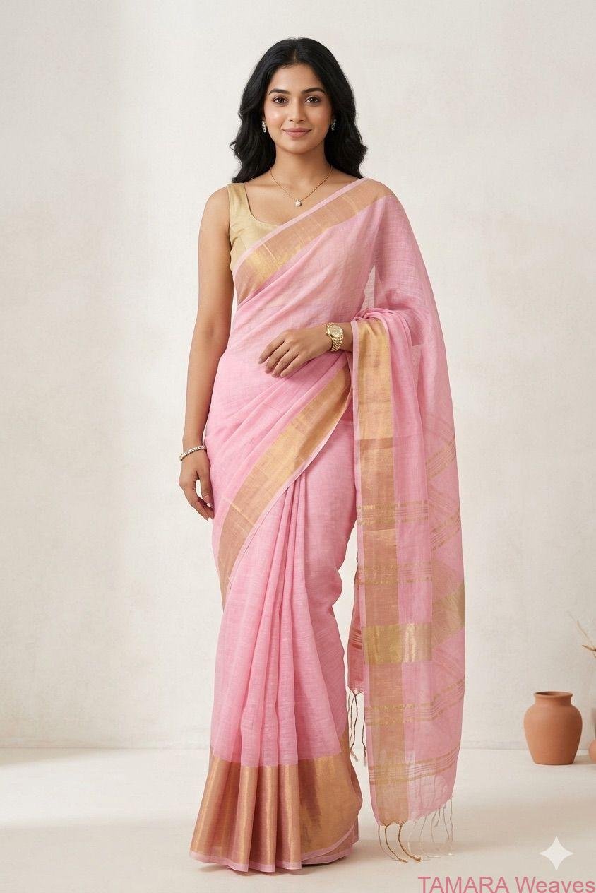 LINEN SAREE in Australia- Wide zari border - LIGHT PASTEL PINK