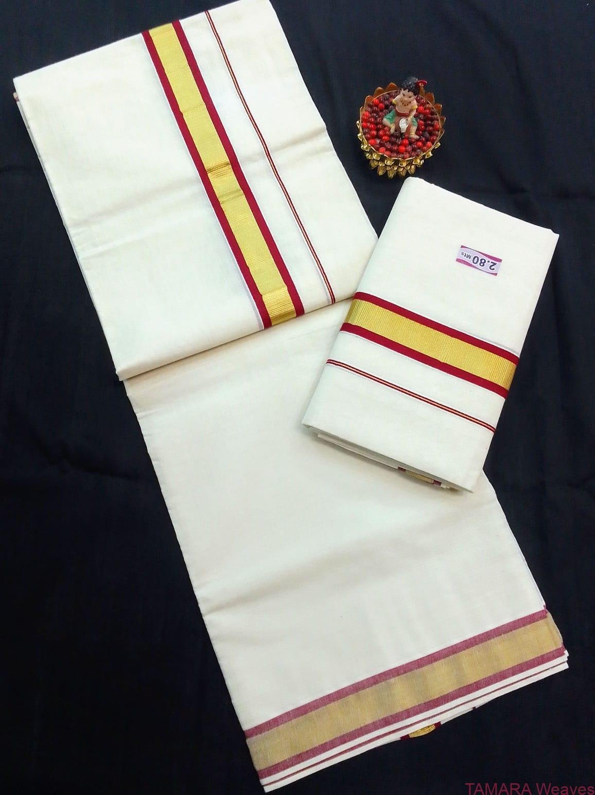 Dark red kara and gold kasavu set mundu in Australia - Actor Anusree inspired - Image 3