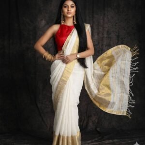 LINEN SAREE in Australia- Wide zari border - WHITE