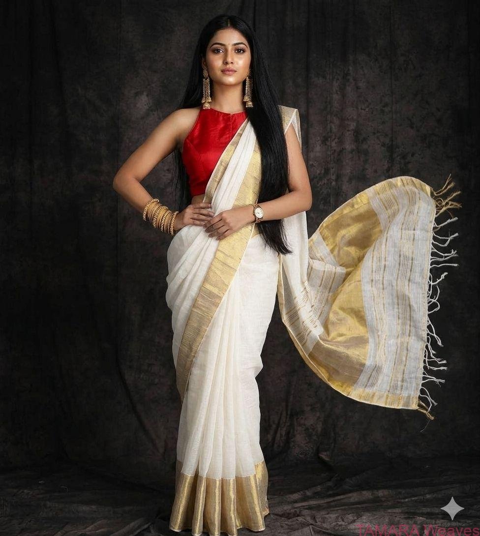 LINEN SAREE in Australia- Wide zari border - WHITE