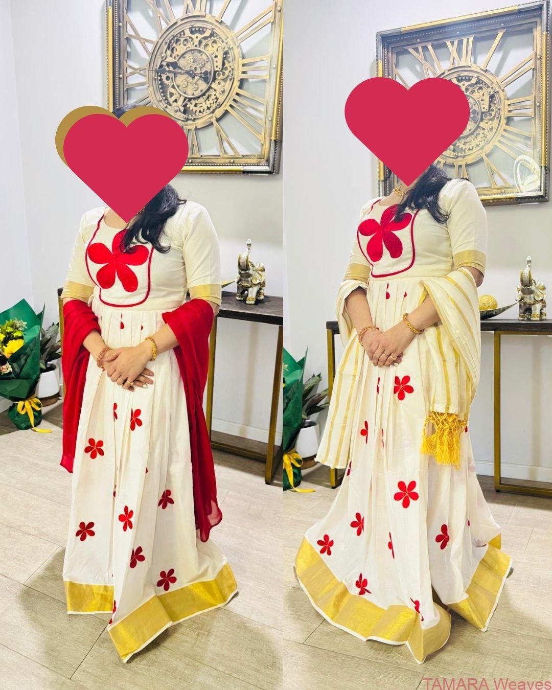 Tamara Ithal Onam Lehenga Set - Flower Embroidery in Red Gold in Australia- 4 weeks preorder