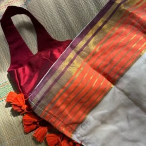 Kerala Orange and maroon kasavu 120-count mul cotton kasavu saree
