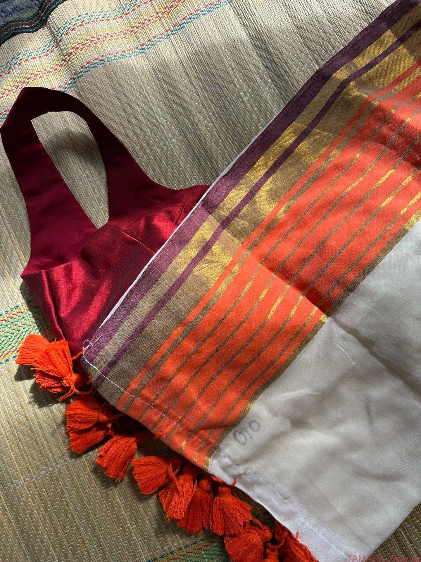 Kerala Orange and maroon kasavu 120-count mul cotton kasavu saree