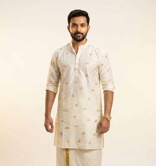 Men's Offwhite Kurta - Aksharamala embroidery kurta in Australia