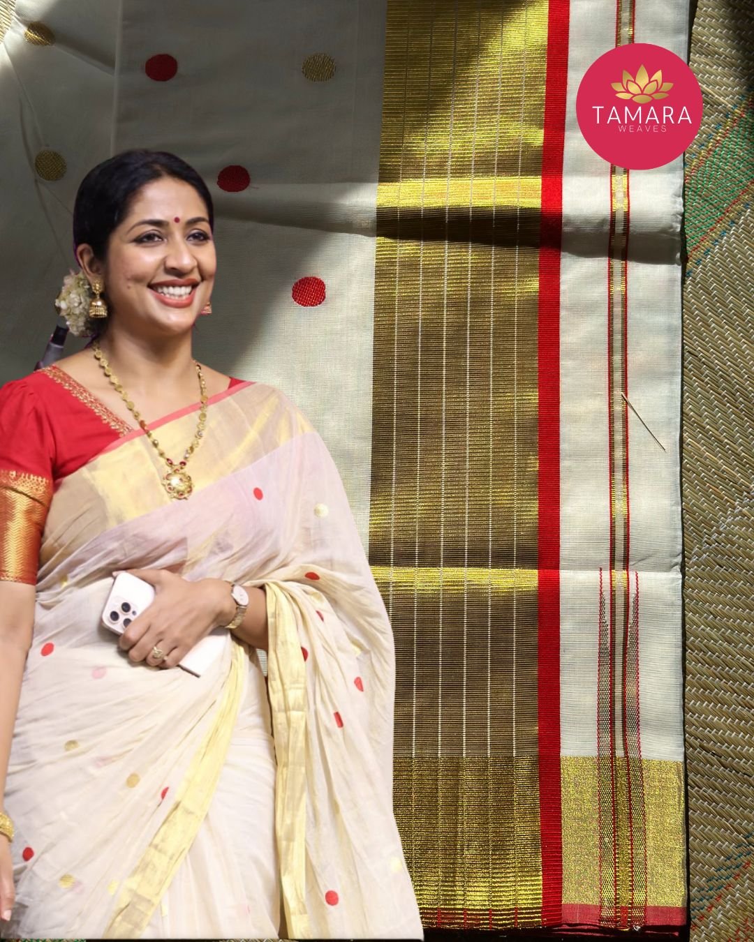 Tamara Premium handloom polka dot saree red kara - NAVYA nair
