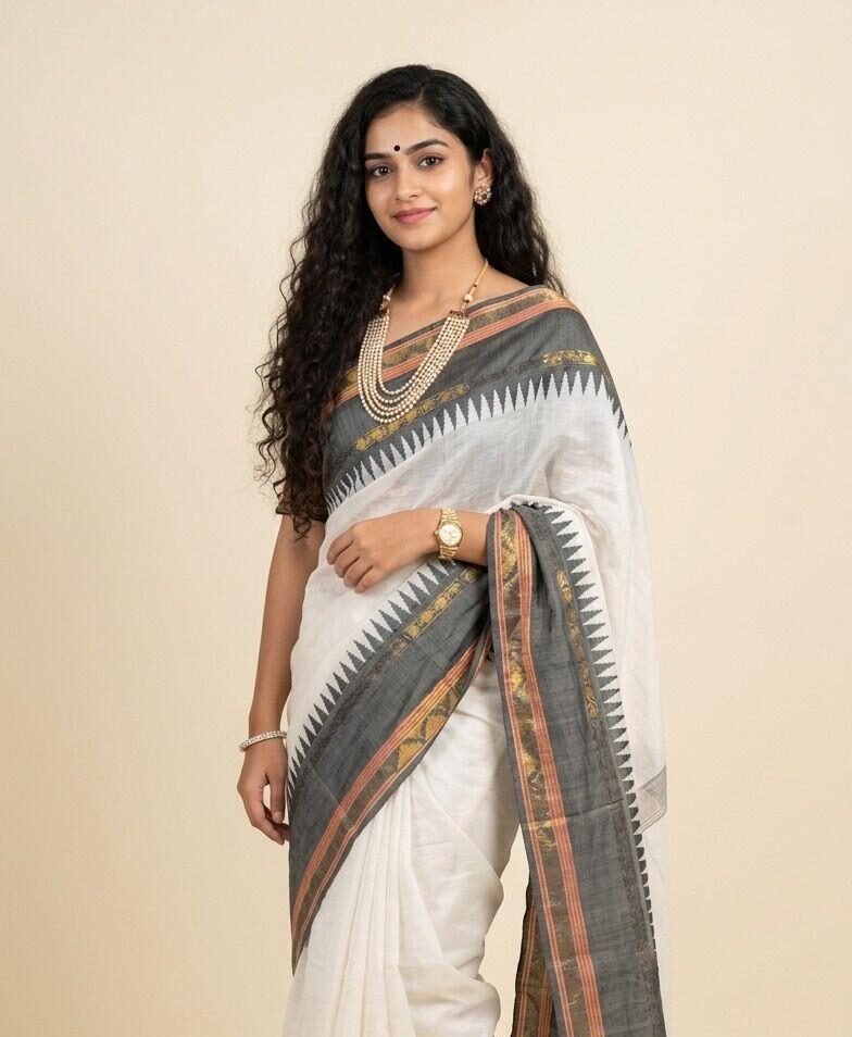 Kanchi border Mul Cotton Saree - Black