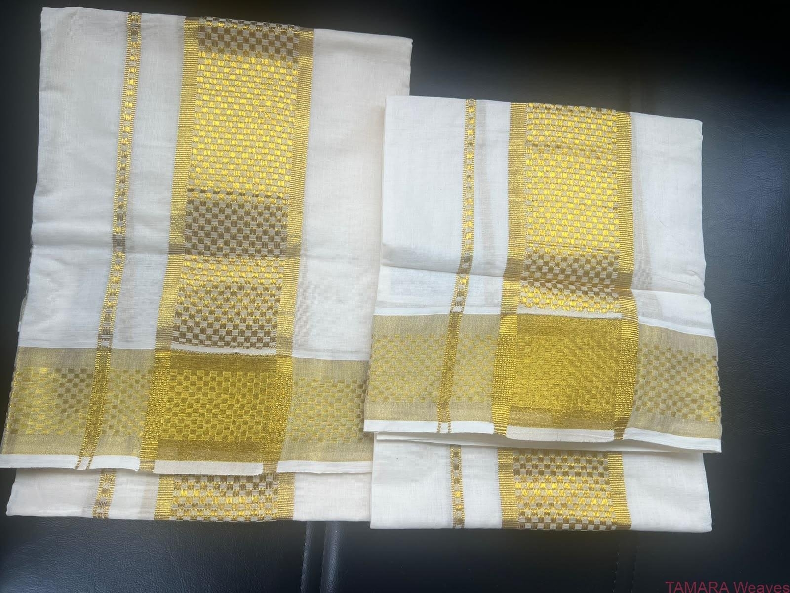 Checked pattern gold kasavu set mundu in Australia - Image 3