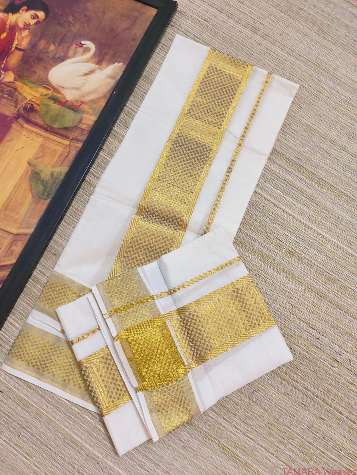 Checked pattern gold kasavu set mundu in Australia - Image 4