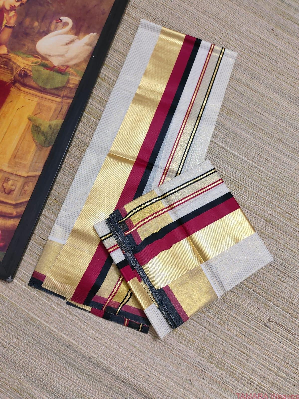 Red and Black kara gold kasavu set mundu in Australia - Image 2