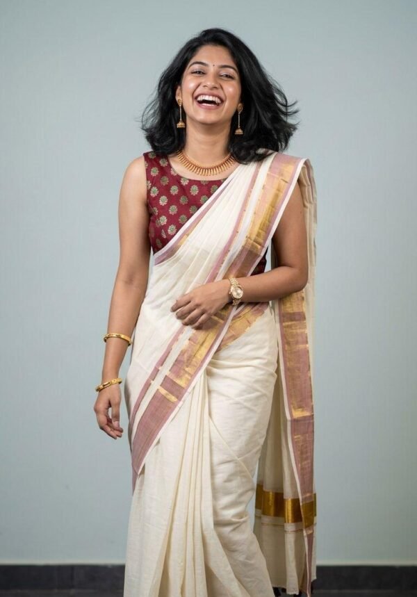 Brown kara and kasavu mul cotton saree