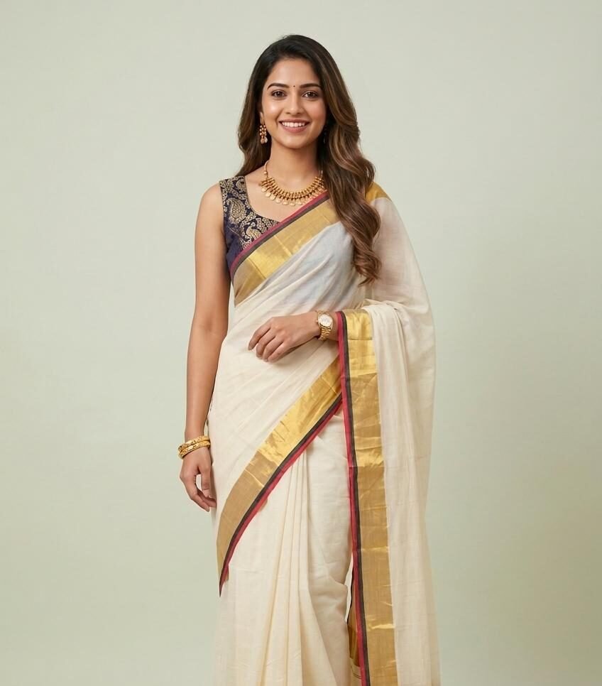 Double kara and kasavu mul cotton saree red and navy blue - Image 2