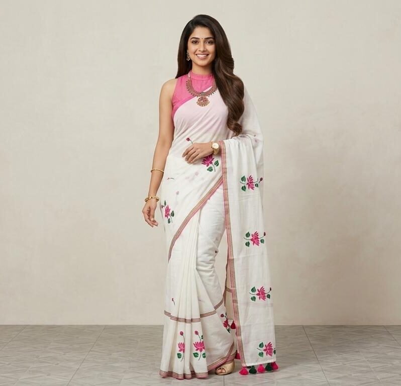 Floral lotus embroidery Mul Cotton Saree in Australia
