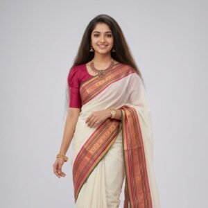Kanchi border Mul Cotton Saree - Grand Kanchipuram vintage border - Pink