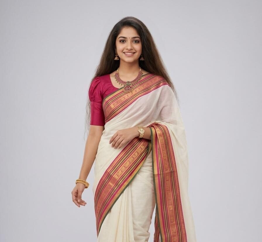 Kanchi border Mul Cotton Saree - Grand Kanchipuram vintage border - Pink