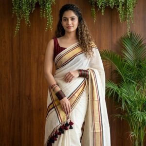 Kerala Handloom replica 120-count mul cotton kasavu saree - maroon and black